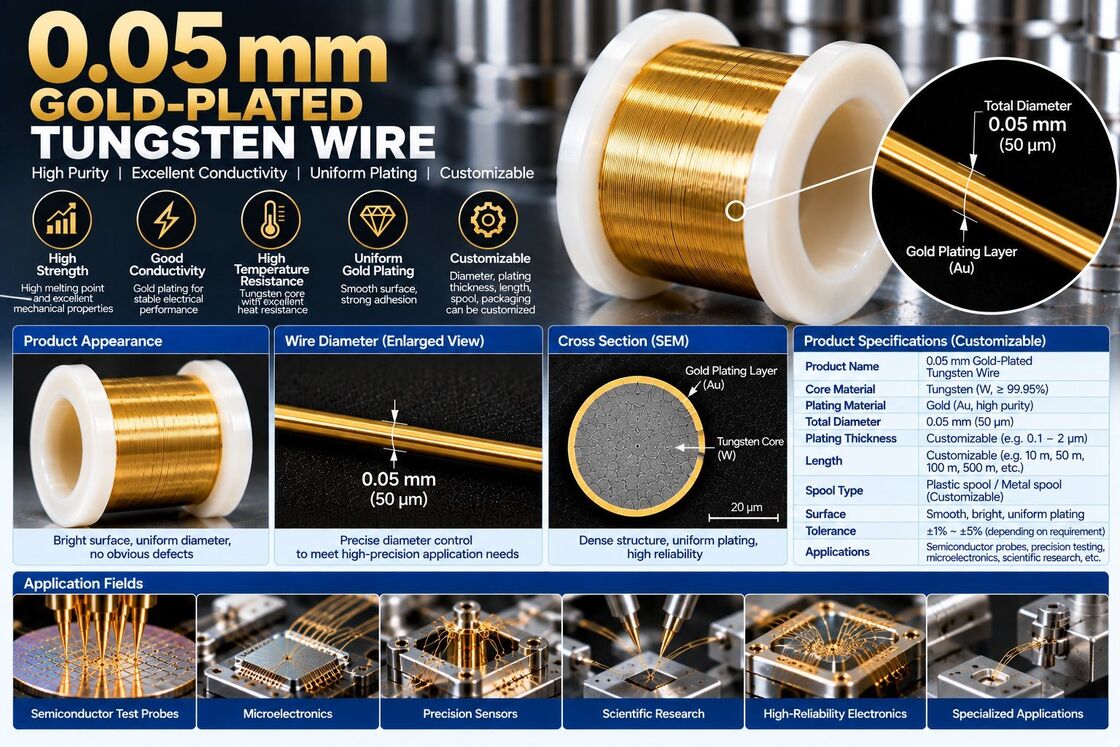 0.05mm Gold Plated Tungsten Wire (50μm Au Coated Tungsten Wire) for Semiconductor Probes & Precision Electronics